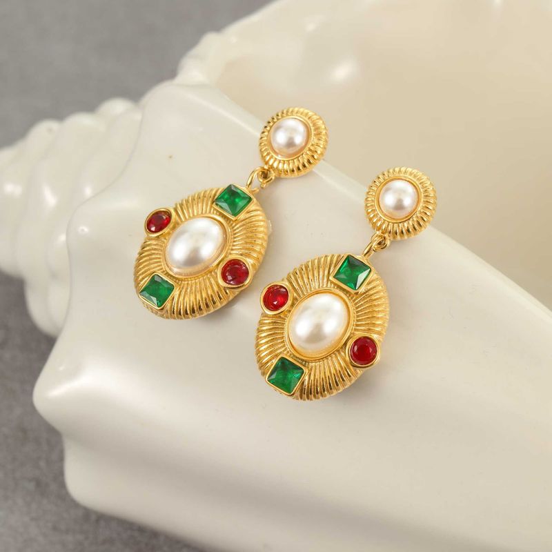 Retro Medieval Style Exaggerated Earrings Stainless Steel Plated 18K Gold Inlaid Pearl Zircon Titanium Steel Earrings_voghion.com