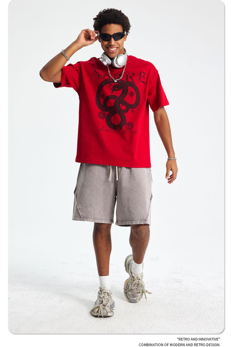 Auspicious Snake Zodiac Printed Men's Short-sleeved T-shirt Red Festive Pure Cotton Men's T_voghion.com