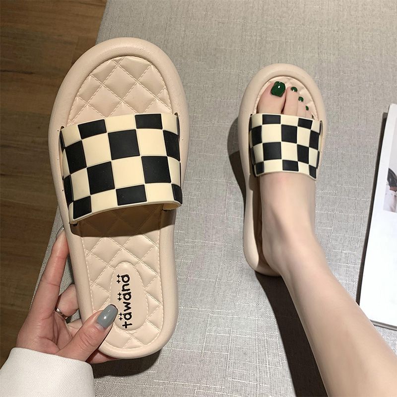 Ciabatte estive da donna per esterni, sandali da spiaggia bassi alla moda con motivo scozzese bianco e nero, sandali da interno_voghion.com