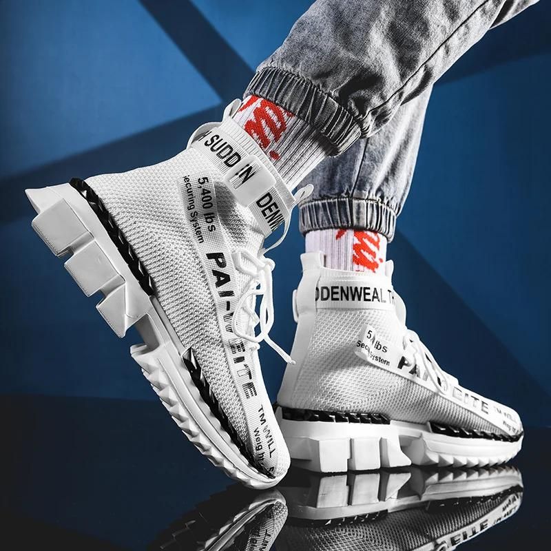 Sneakers da uomo casual alla moda, traspiranti, leggere, alte, con design a calzino, bianche, da uomo_voghion.com