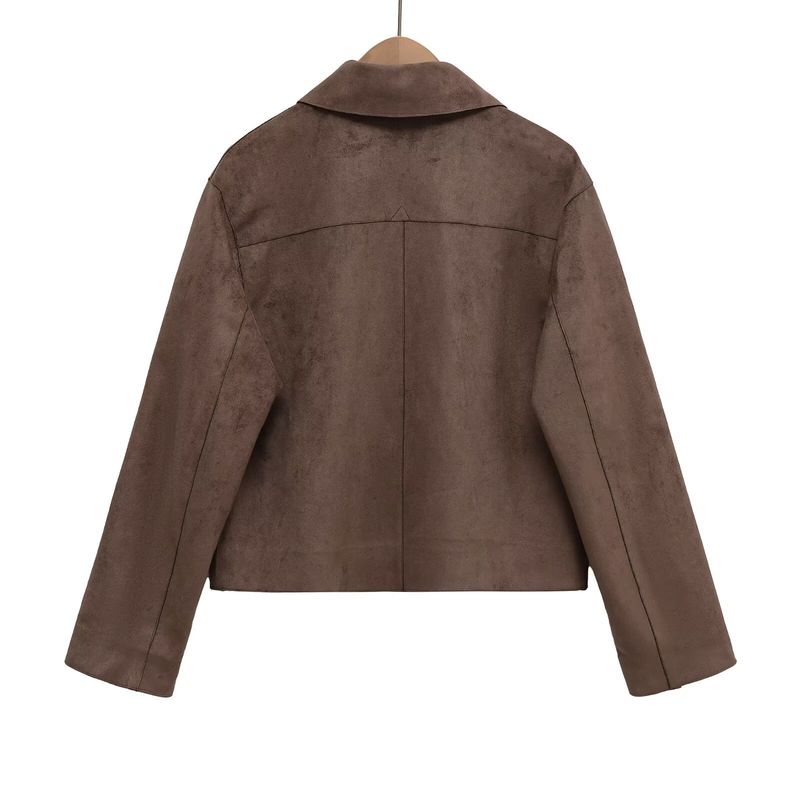 Veste courte en similicuir pour femme avec revers crantés et effet 3D, blazer décontracté pour le bureau et le quotidien (XS/S/M/L, marron)_voghion.com