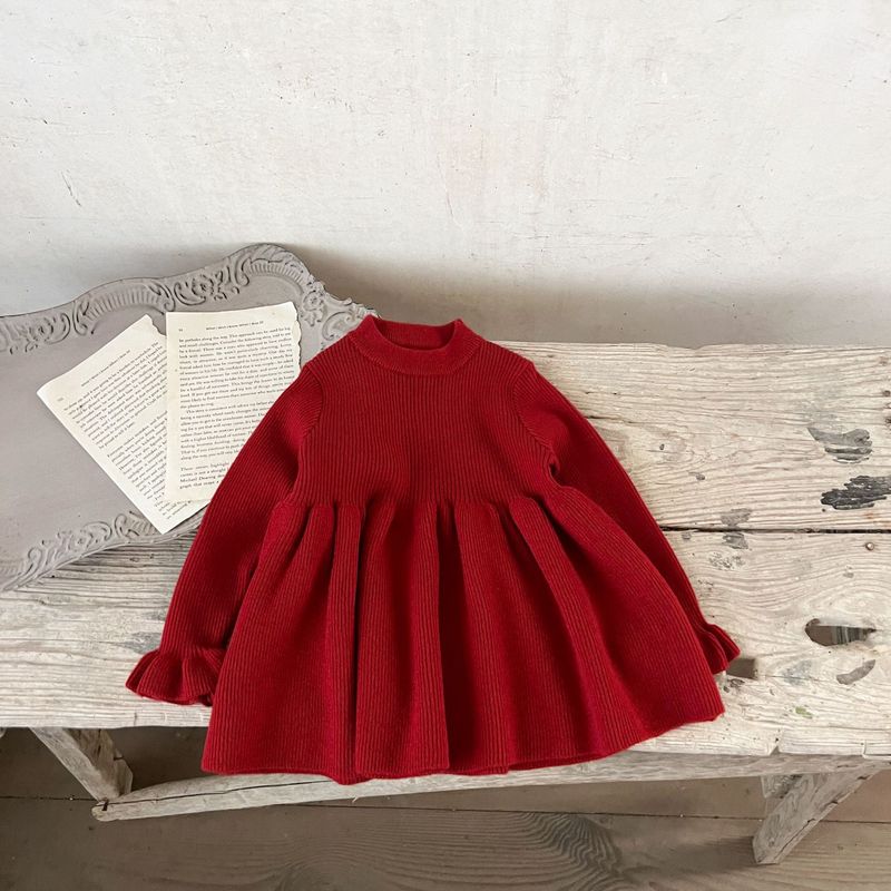 Kleinkind Mädchen Kleidung Baby Baumwolle Trompete Manschetten Wollkleid Säugling Frühling und Herbst Pullover Kleid_voghion.com