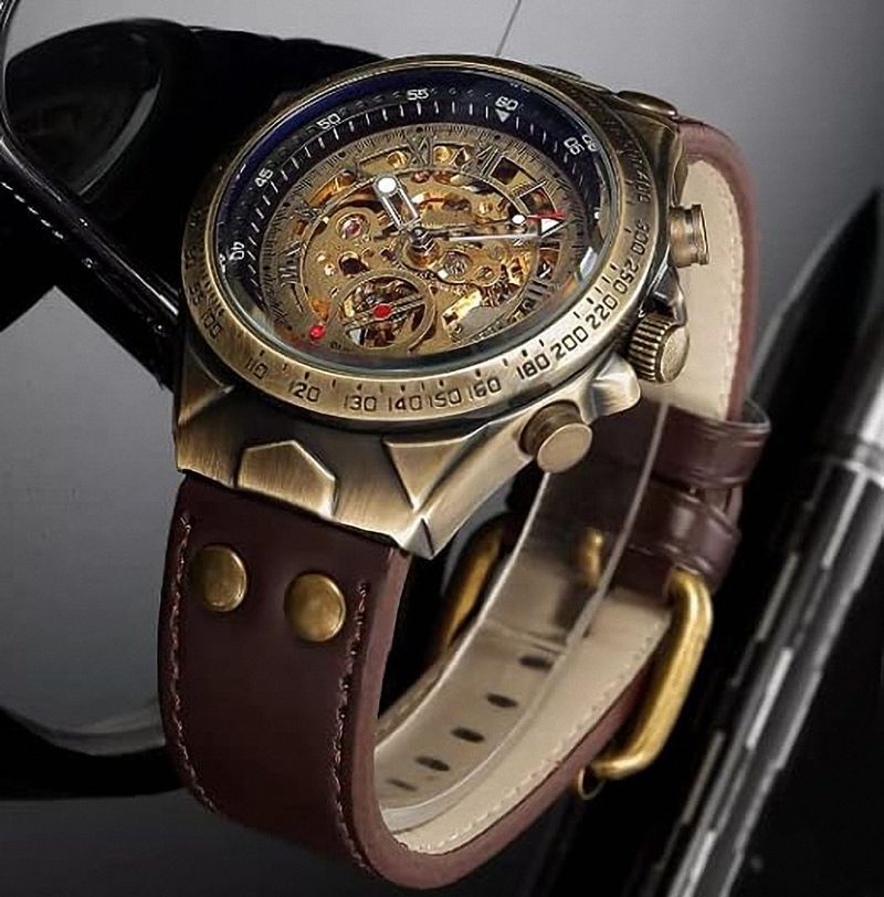 Bronze Retro Skeleton Automatic Mechanical Watch For Men Luminous Hand Brown Genuine Leather Belt Luxury Brand Steampunk Watches_voghion.com