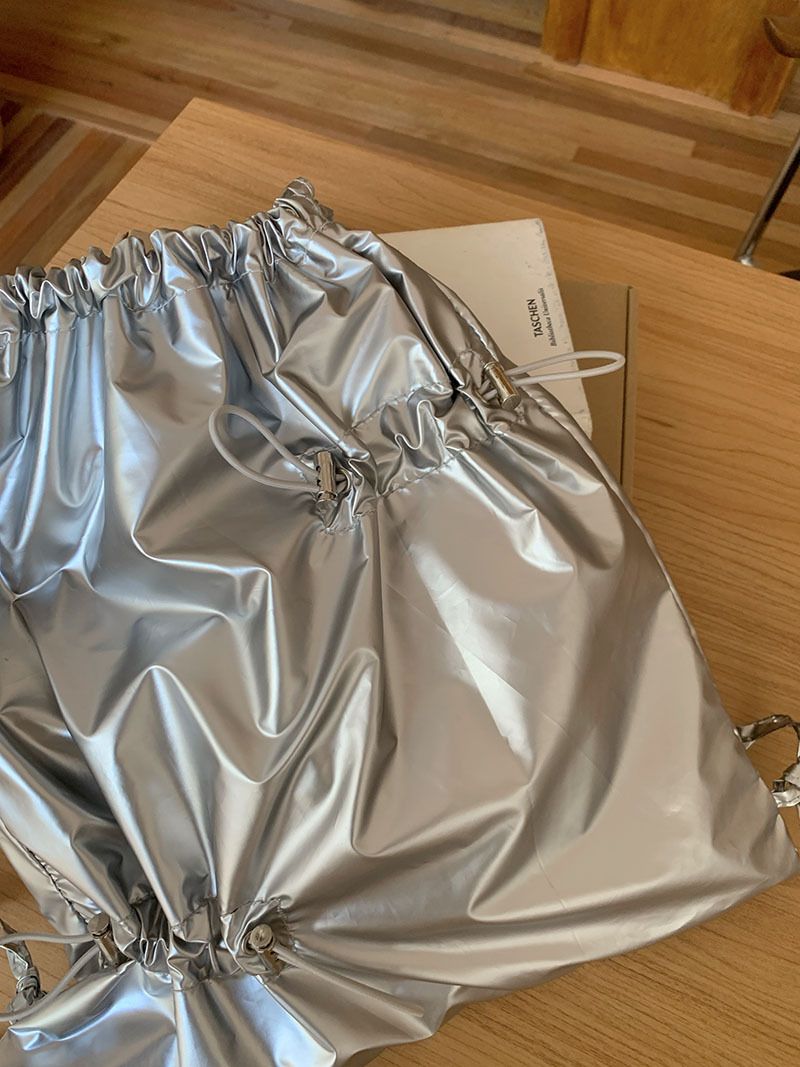 2024 Korean Ins niche design drawstring pleated silver for women commuting versatile casual small backpack_voghion.com