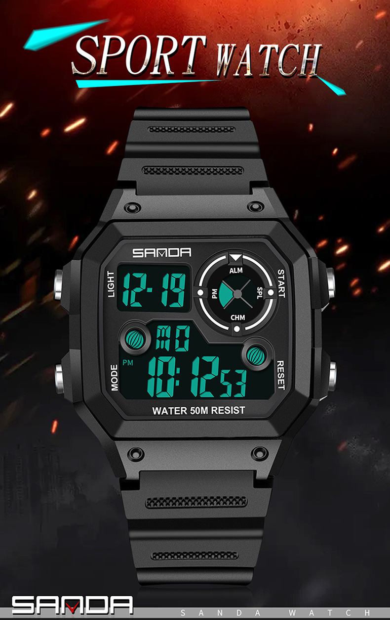Digital Sports Watch With LED Backlight, Waterproof, Alarm, And Military-Grade Durability - Lightweight Resin Strap, Square Dial, 50M Water Resistance_voghion.com
