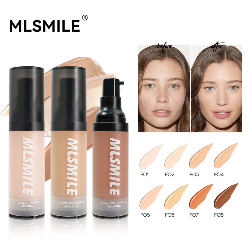 Podkład w płynie MLSMILE Concealer Liquid Foundation Matte Light And Thin, który poprawia wygląd twarzy, rozjaśnia i stanowi bazę dla 8 kolorów podkładu w kremie Nude Makeup_voghion.com