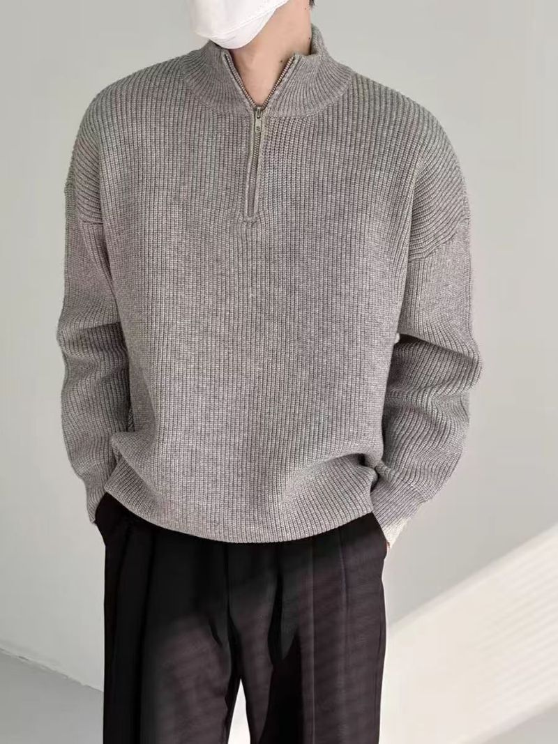 Maglione casual da uomo con mezza zip e collo alto, traspirante, lavabile in lavatrice, elasticizzato (bianco, grigio, nero, blu)_voghion.com