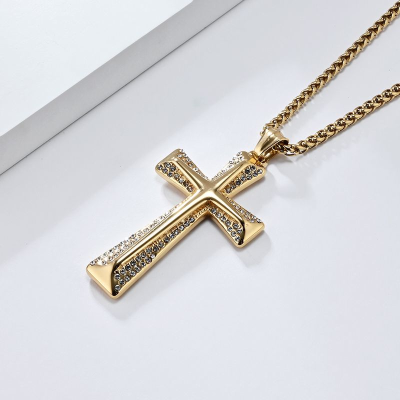 Collana con ciondolo a forma di croce in acciaio al titanio placcato oro con diamanti, stile Hip Hop, per uomo_voghion.com