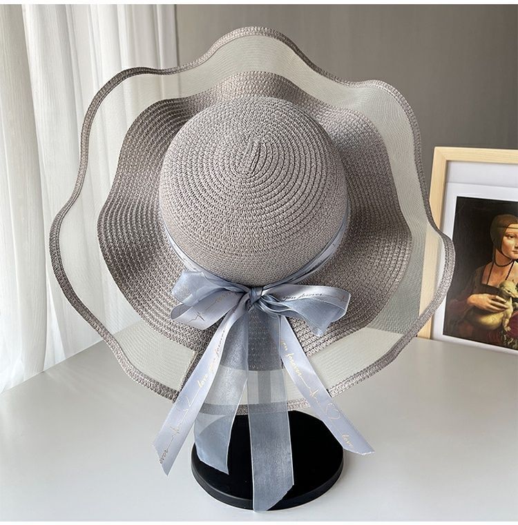 Cappello da spiaggia, cappello di garza con protezione solare, cappello estivo da donna, cappello di paglia con fiocco, cappello da sole a tesa larga, cappello da sole da mare_voghion.com