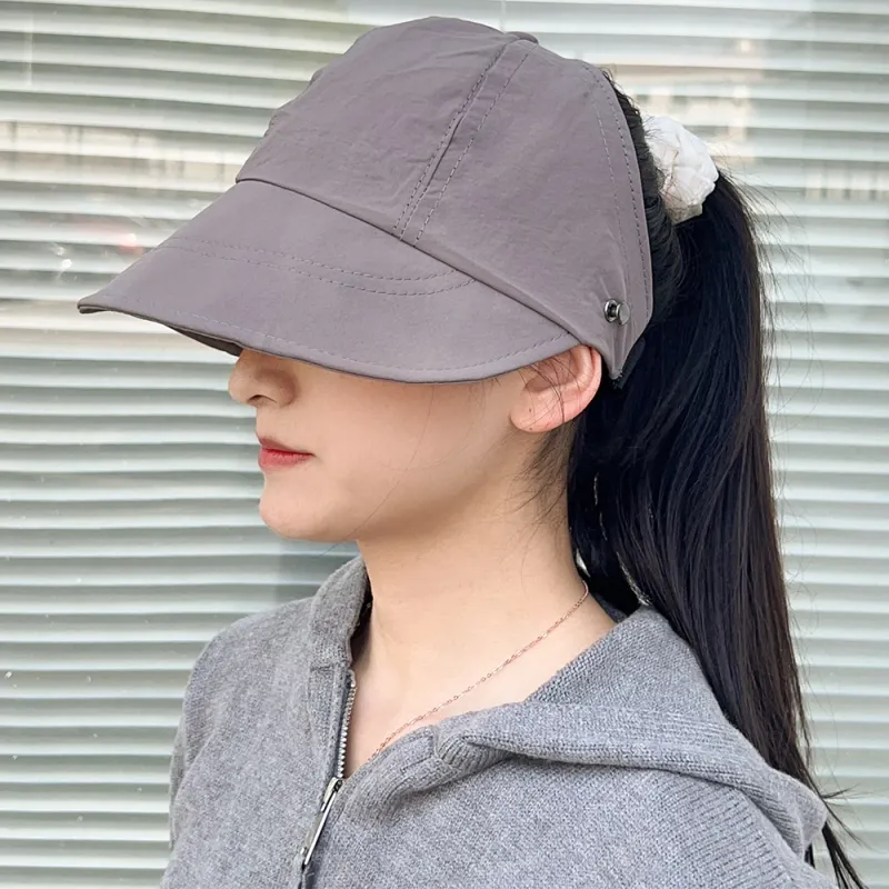 Fashion Korean Women Empty Top Foldable Wide Brim Sun Protection Hats Summer Visor Fisherman Face Mask Hook Hat Ponytail Cap_voghion.com