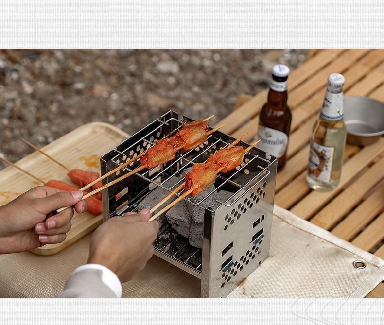 Barbecue da campeggio pieghevole in acciaio inox a doppio strato per stufa a legna e carbone, per picnic_voghion.com