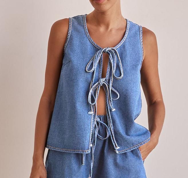 Women's Clothing Summer Fashion Casual Sleeveless Lace Up High Waist Women's Vest Denim Suit Shorts Women_voghion.com