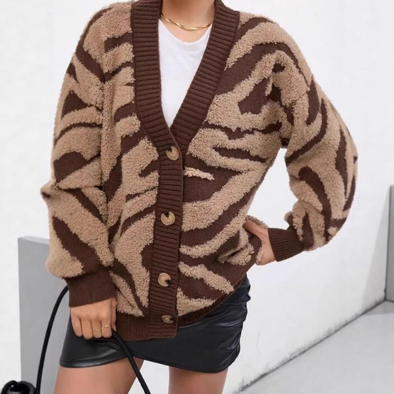 Women's Loose Fit Leopard Print Cardigan - Soft Knit V-Neck Long Sleeve Open Front Sweater For Casual & Office Wear (Beige, S/M/L/XL)_voghion.com