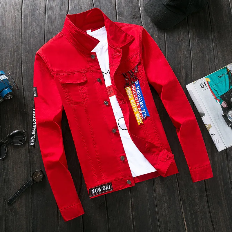 Men's Jackets Spring 2022 Red Pink Black Jeans Jacket Men Slim Streetwear Ripped Denim Hoodie Hip Hop Bomber Homme_voghion.com