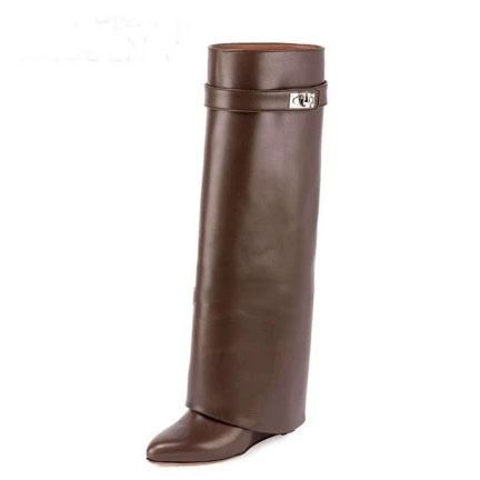 2024 New Round Toe Wide Shaft Straight Shark Buckle Mid-Calf Wedge Heel Boots For Women_voghion.com