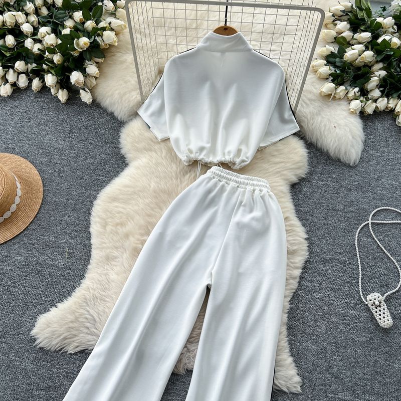 Damenbekleidung Modeanzug für Frauen Kordelzug Taille Kurze Kontrastfarbe Stehkragen Hohe Taille Denim Weite Beinhose_voghion.com