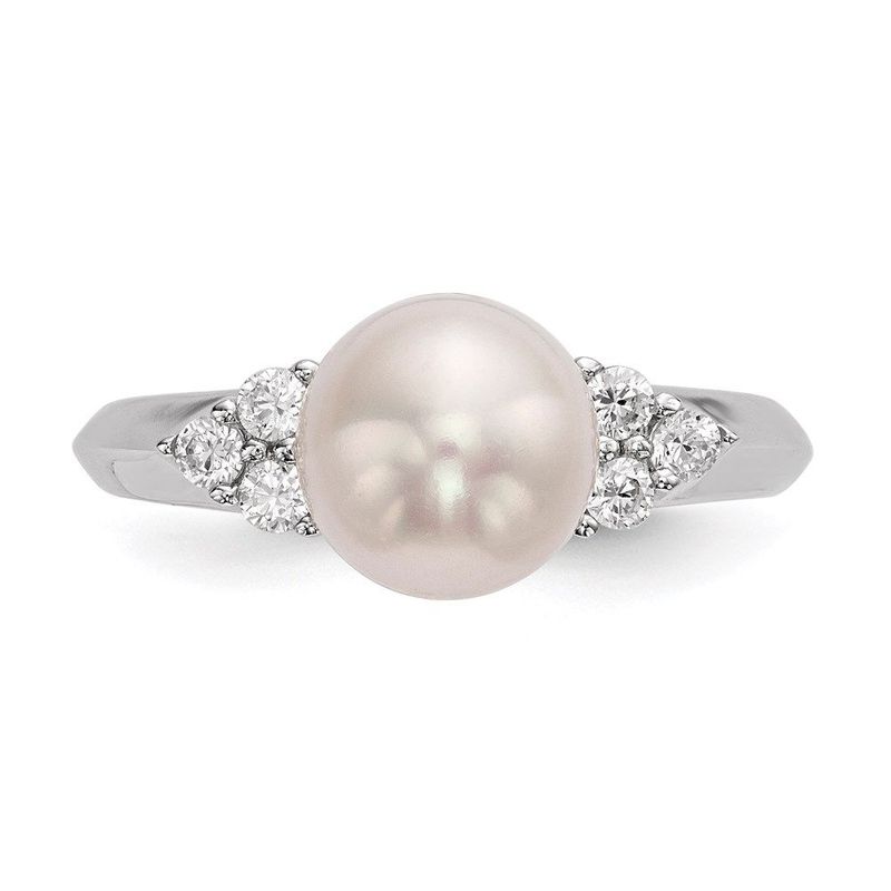 Sterling Silver Rhodium-plated 8-9mm White Button Freshwater Cultured Pearl And CZ Ring_voghion.com
