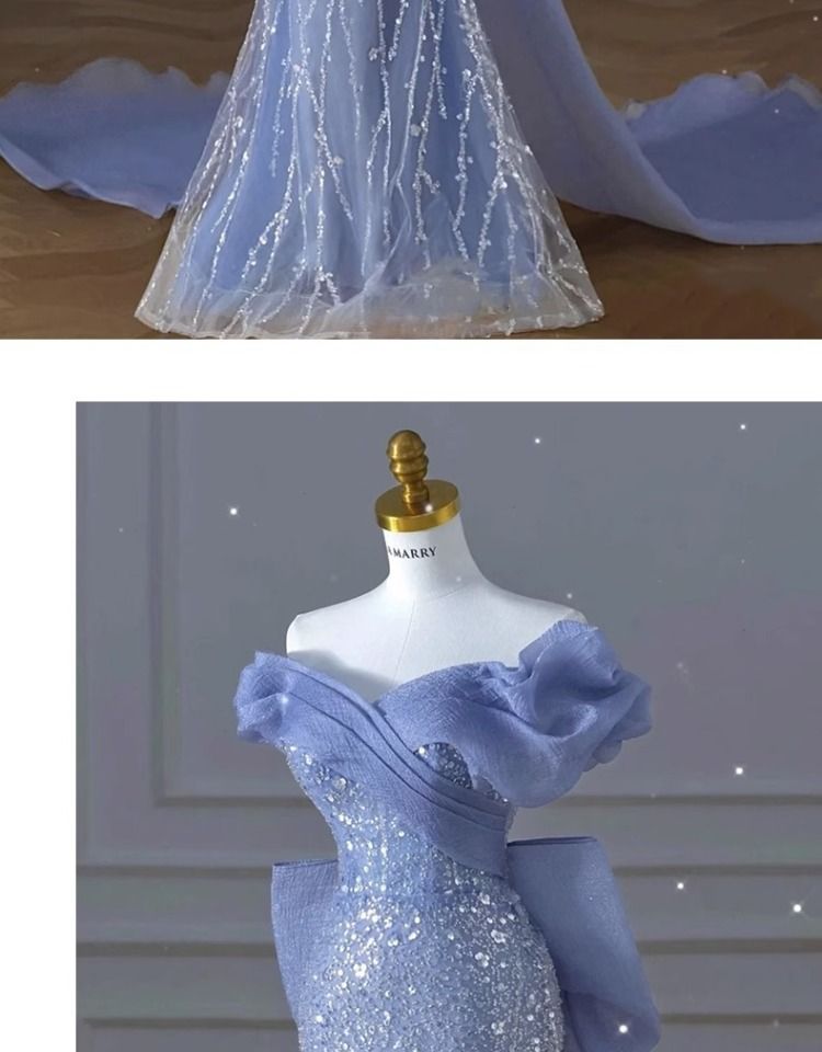 Elegant Blue Off-the-Shoulder Mermaid Evening Gown With Sequins – Formal Gala, Wedding, Stage Performance Dress_voghion.com