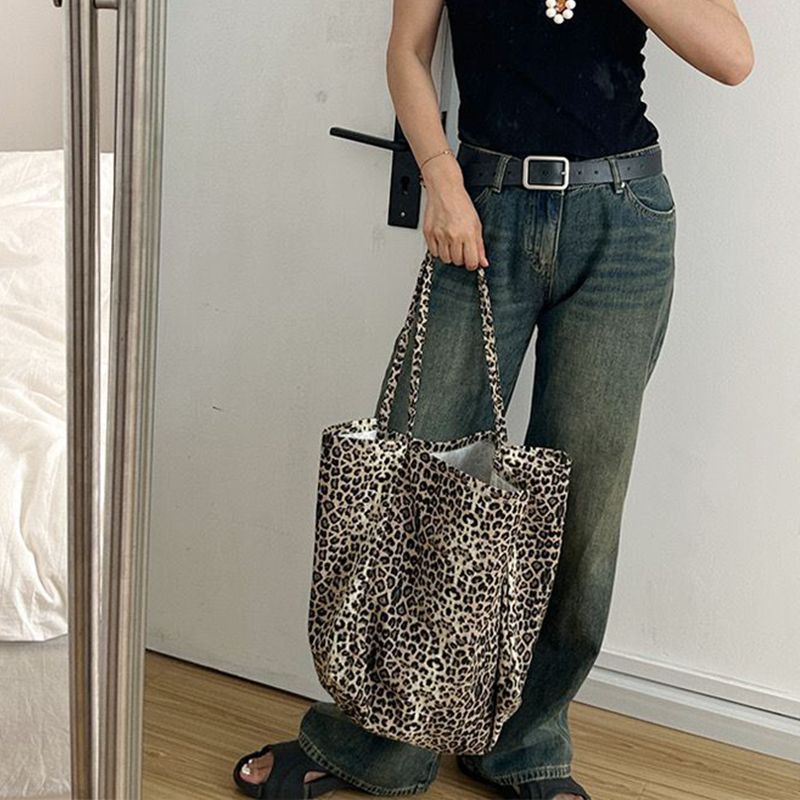 Borsa a mano da donna con croce leopardata, tracolla di grande capacità, shopping bag singola in tela_voghion.com