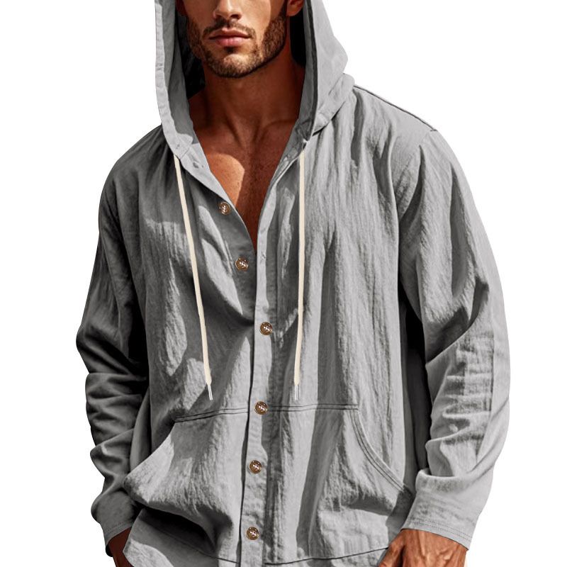 Spring And Autumn American Loose Men's Loose Linen Casual Simple Beach Hooded Long Sleeve Shirt Men_voghion.com
