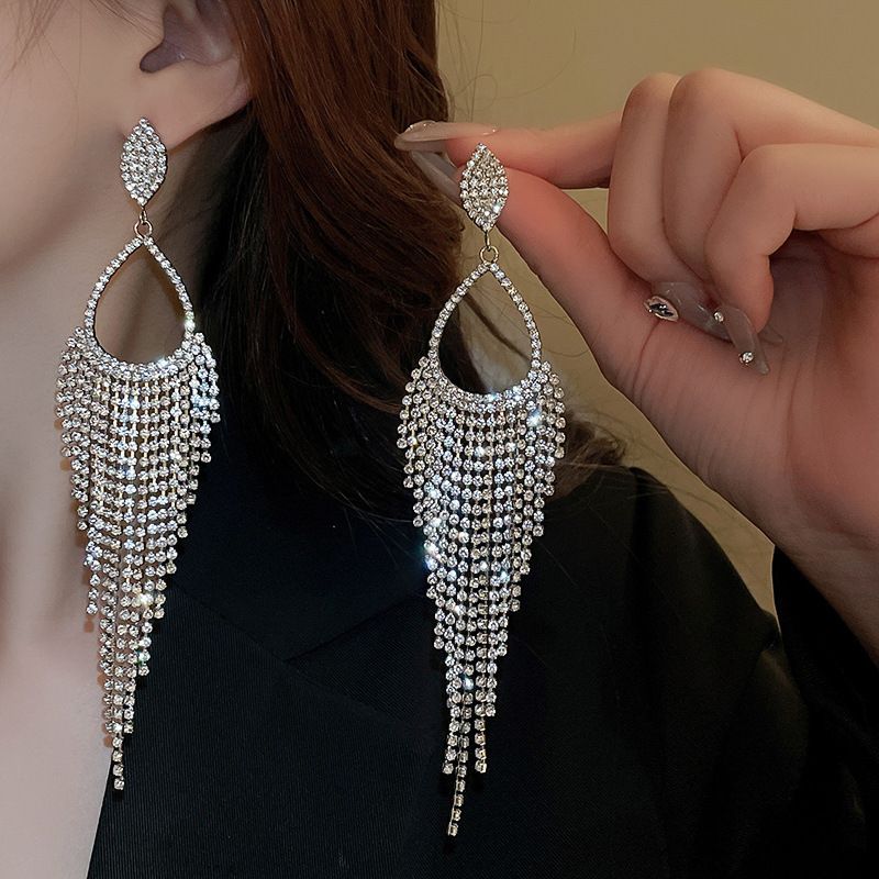 Silver Needle Artificial Pearl Full Diamond Triangular Geometric Tassel Light Luxury Fashionable Earrings, Niche_voghion.com