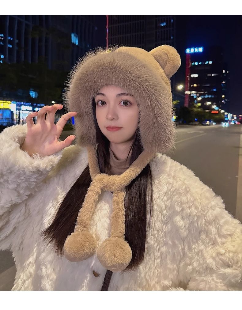 Wintermütze mit dicker und süßer Bärenmütze für Damen, warmes Radfahren, winddicht, Ohrenschutz, Plüsch-Zehenkappe_voghion.com
