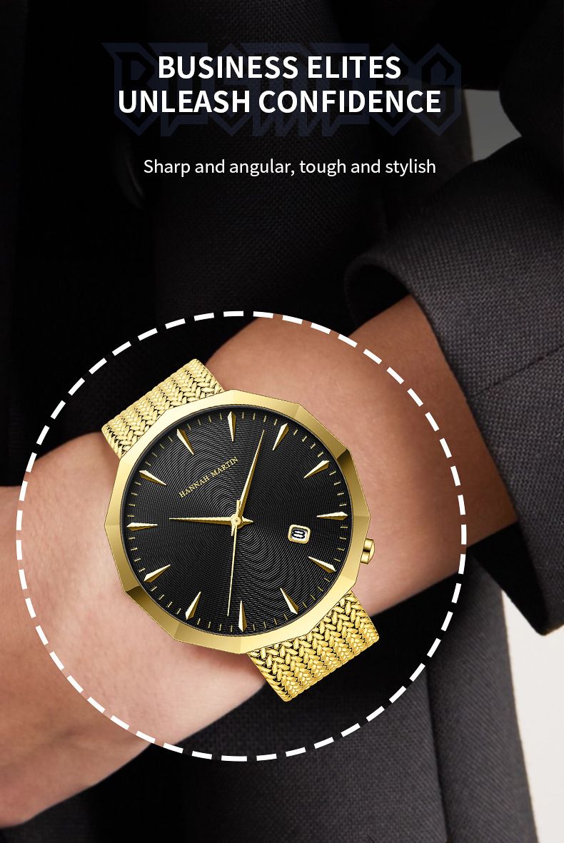 Hannah Martin Men's Watch New Stainless Steel Band Men's Watch Casual Simple Calendar Quartz Waterproof Angular Watch_voghion.com