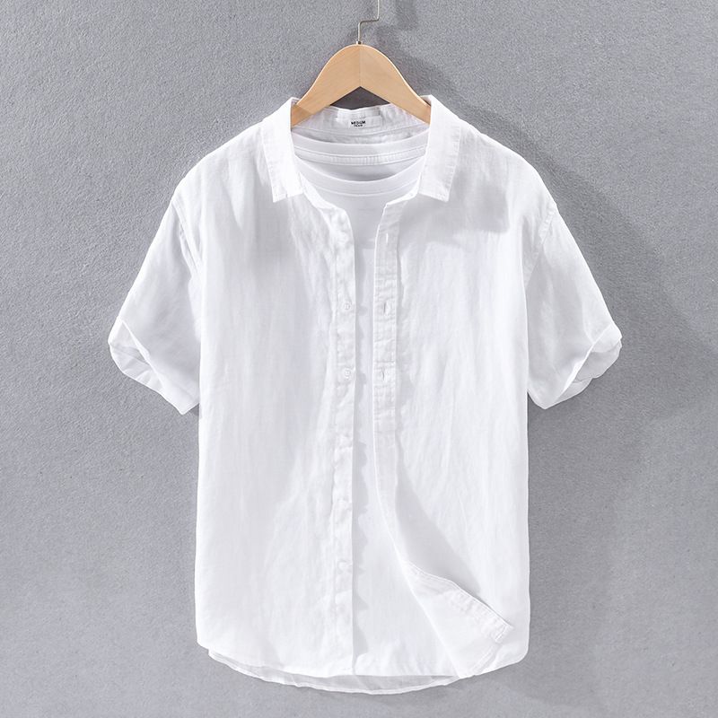 Camicia da uomo in lino, semplice e versatile, casual, in cotone e lino, a maniche corte, sottile, per ragazzi_voghion.com