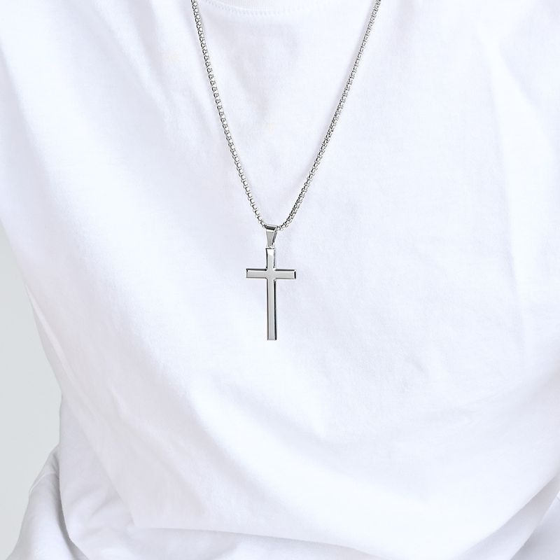 Collana con ciondolo a croce in acciaio inossidabile smussato semplice da uomo, stile neutro, personalità di nicchia_voghion.com