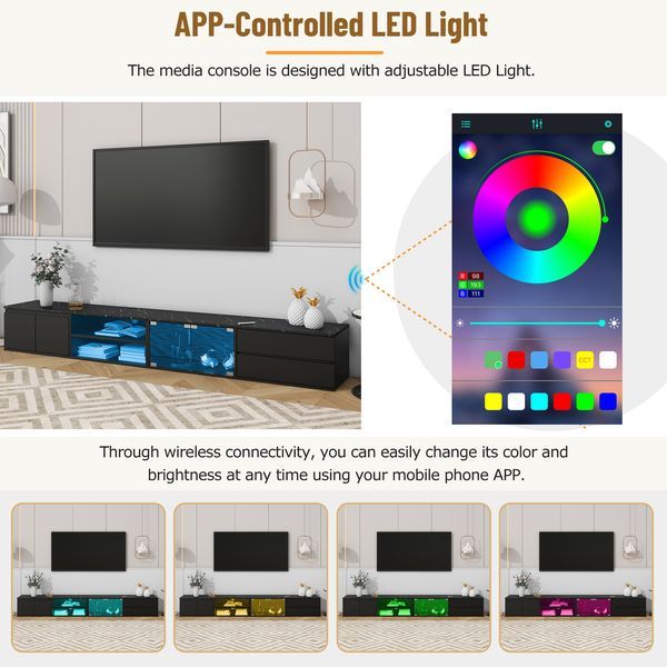 ON-TREND Modern APP Controlled LED TV Stand For TVs Up To 105'', Faux Marble Tabletop Media Console With Tempered Glass Doors, Entertainment Center_voghion.com