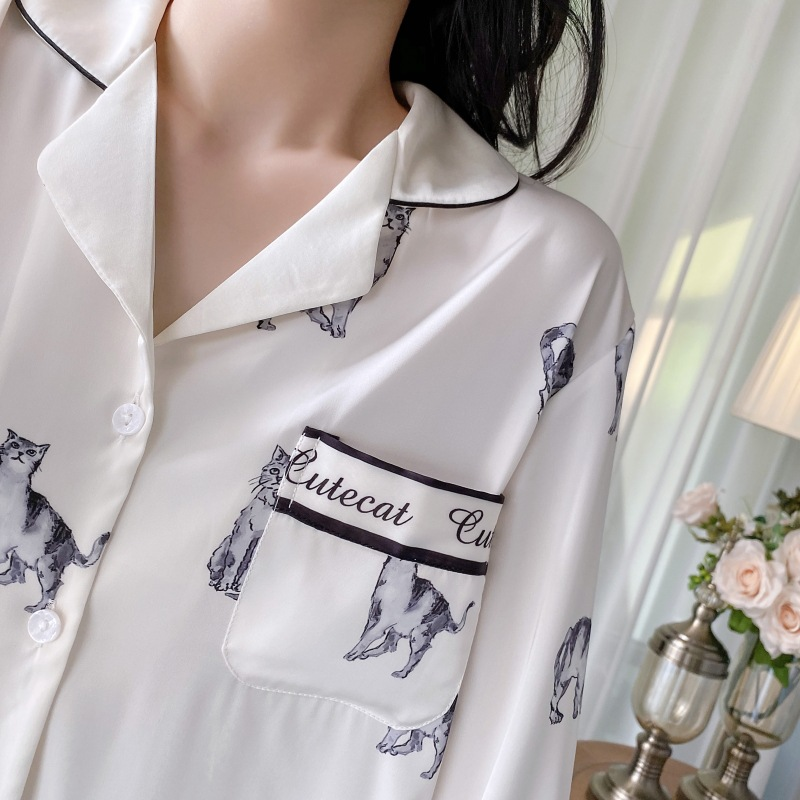 High-End-Schlafanzug mit Katzenmuster, süße, lockere, langärmlige Hose für Damen, Homewear, zweiteiliges Set, echte Aufnahme und Lieferung_voghion.com