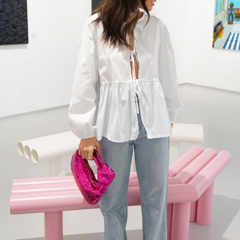 Abbigliamento da donna, nuova camicia a maniche lunghe a sbuffo con fiocco, tinta unita, a righe e a quadri_voghion.com