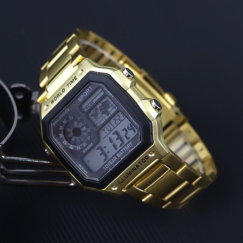 Orologio elettronico luminoso alla moda quadrato piccolo impermeabile da uomo con cinturino in acciaio per sport all'aria aperta_voghion.com