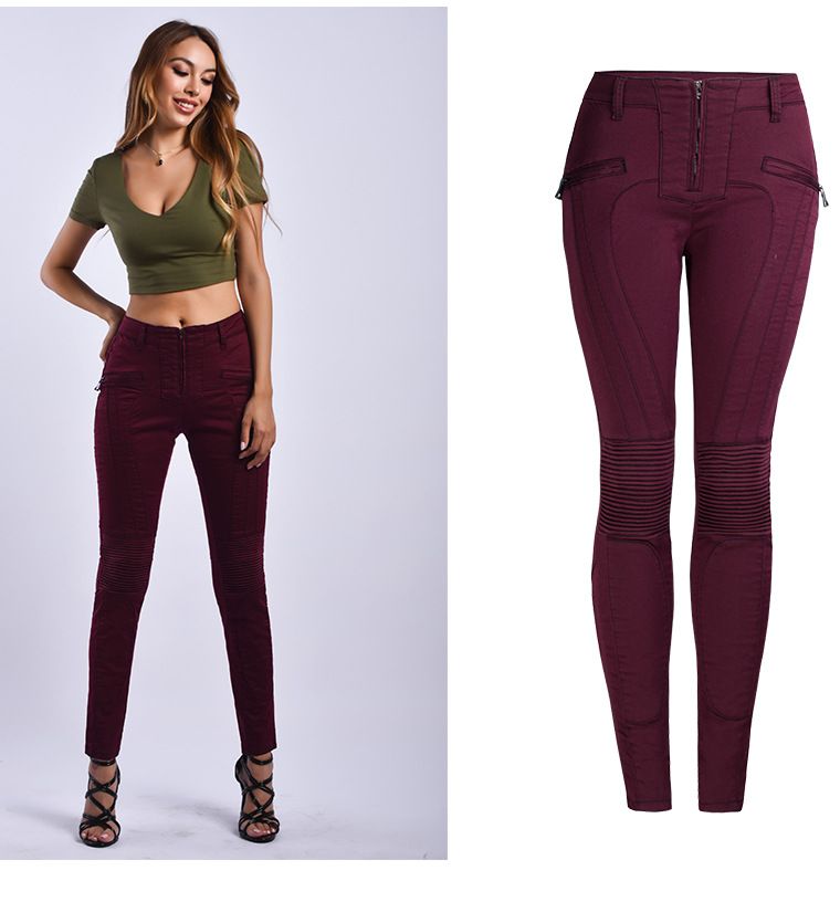 Damenbekleidung Jeansshorts Nähte Reißverschluss Motorrad Slim Stretch einfarbige Jeans_voghion.com