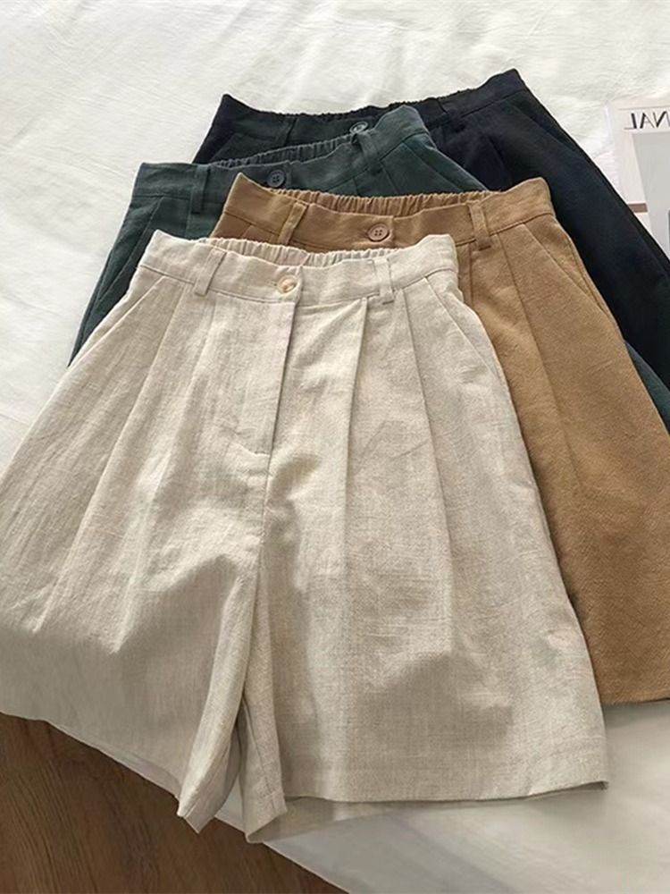 Katoen en shorts, dames zomer hoge taille, kleine gestalte, dunne linnen wijde pijpen casual A-lijn vijfpunts broek_voghion.com