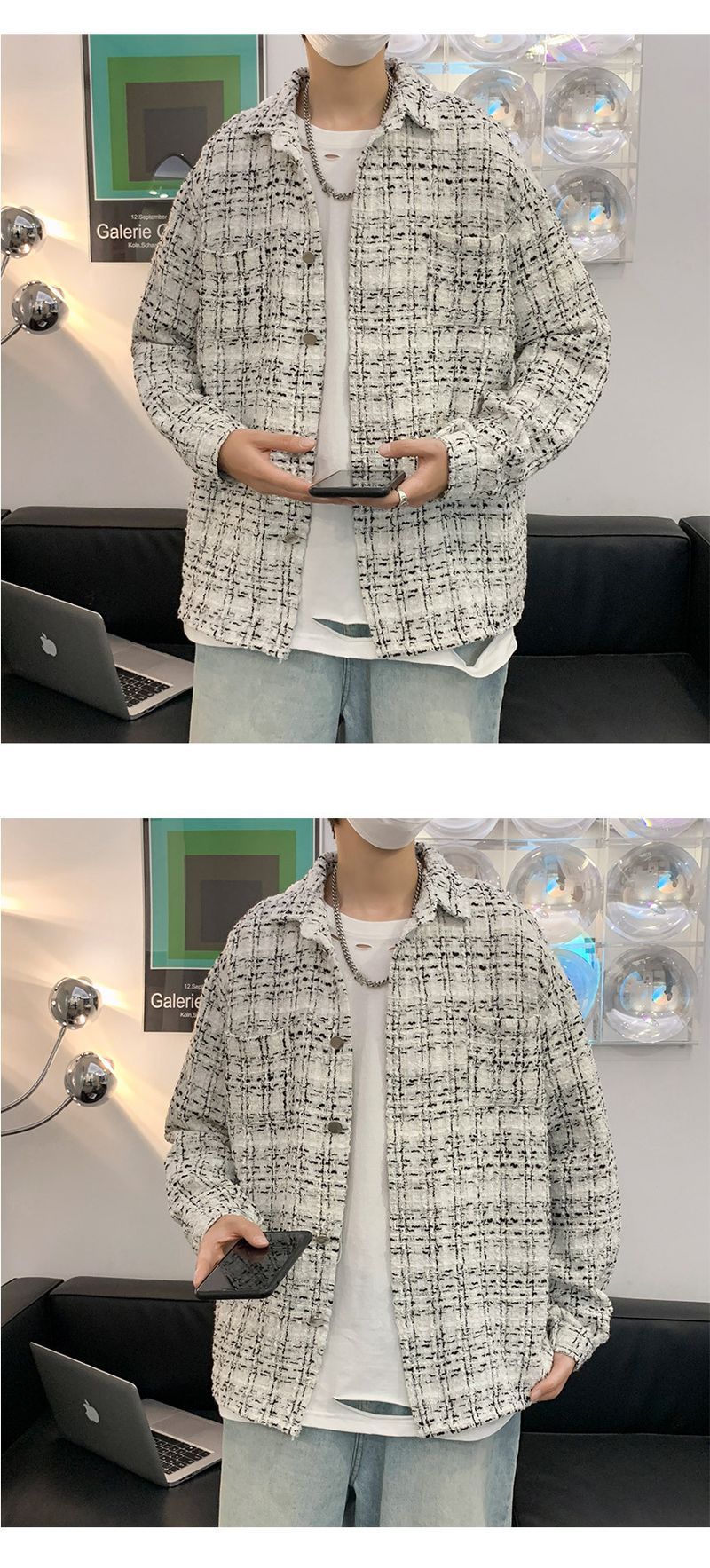 Pi Shuai Mantel Herren INS Trendy Plaid Strickoberteil Frühling und Herbst Koreanische lockere Freizeitarbeitsjacke_voghion.com