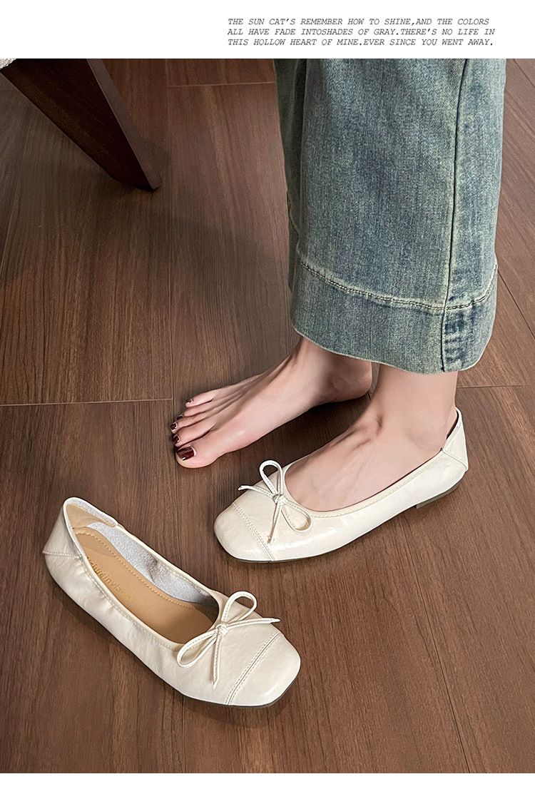Square Head Bow Ballet Single Shoes Women's Flat-soled Laden Shoes French One-pedal Beanie Shoes_voghion.com