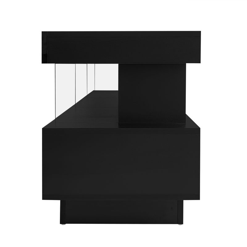 Meuble TV noir brillant 160 x 38 x 50,5 cm avec 3 étagères en verre, éclairage LED, contrôle par application et connectivité Bluetooth pour téléviseur 70 pouces._voghion.com