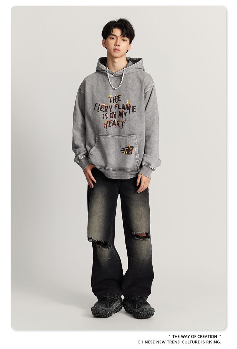 Herrenbekleidung Kapuzenpullover mit verwaschenem Batik-Print, Retro-Street-Chic, Baggy-Top_voghion.com