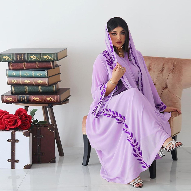 Damenmode Street Chiffon langes muslimisches besticktes rosafarbenes Rundhalskleid mit Hijab_voghion.com