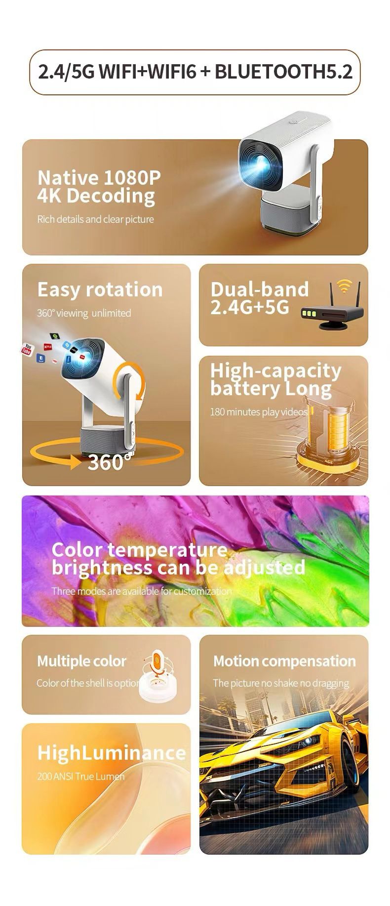 Proiettore portatile k2: 1080P, supporto 4K, Android 11.0, WiFi/Bluetooth, batteria a lunga durata, messa a fuoco automatica e Keystone_voghion.com