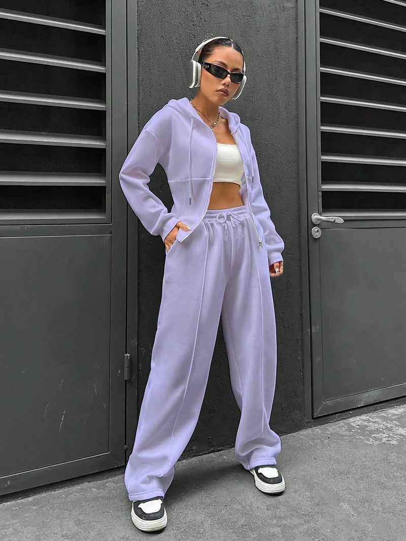 Set coordinati da donna casual due pezzi, ampio, con cappuccio, maniche lunghe, cerniera, vita elasticizzata, pantaloni larghi, tuta da jogging_voghion.com