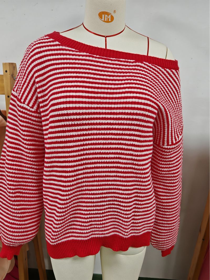 Maglione da donna in maglia con spalle scoperte, righe a blocchi di colore e maniche a lanterna – Vestibilità comoda e ampia per autunno e inverno_voghion.com