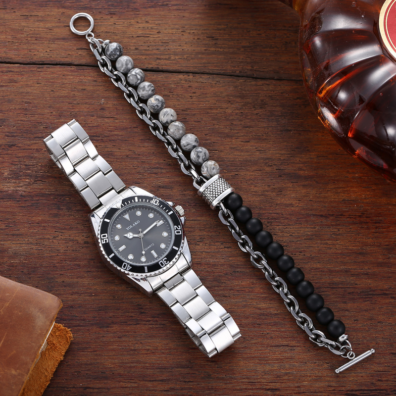 Luminous Water Ghost Business Non Mechanical Fashion Steel Belt Calendar Quartz Watch + Bracelet (2pcs/set)_voghion.com