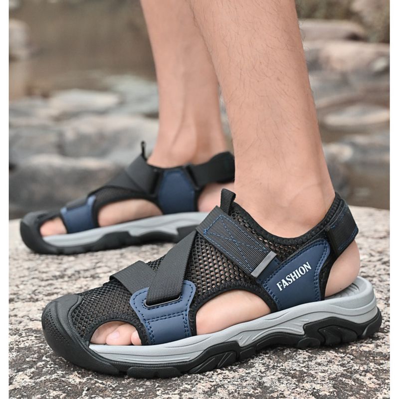 2024 Summer Men's Large Size Sandals Outdoor Beach Shoes Velcro Toe Sandals Head Layer Leather Breathable Casual Shoes_voghion.com
