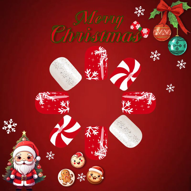 Short Gloss Square Armor 2024 Neue Weihnachten Weiße Schneeflocke Gestreift Rot mit Weiß Glitter Pulver 24 Stück_voghion.com