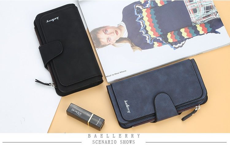 Baellerry Multi-card Frosted Two-color Fabric Tri-fold Commuter Hundred Ladies Long Wallet Vertical Clutch Bag_voghion.com