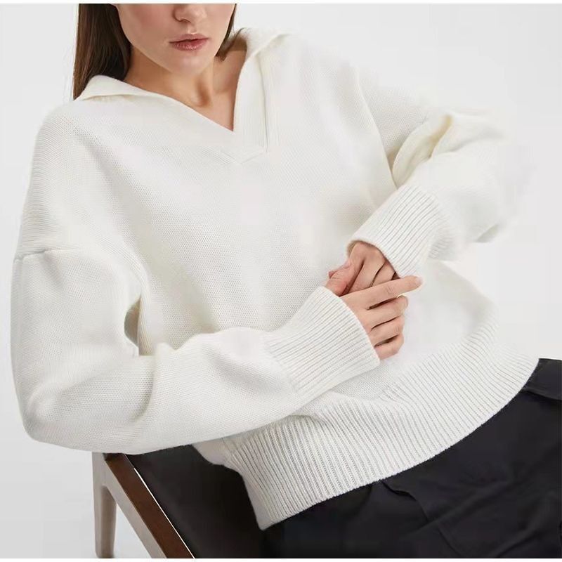 2022 Spring And Autumn New Women's Knitted Polo Collar Pullover Green Sweater_voghion.com