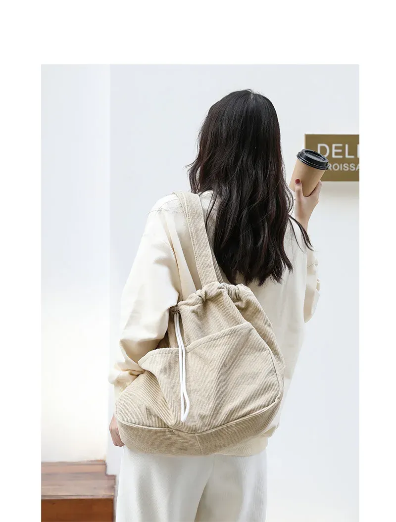 Borse casual semplici Borsa a tracolla in velluto a coste per studenti adolescenti Borsa da donna grande con coulisse Borsa per la spesa da donna_voghion.com