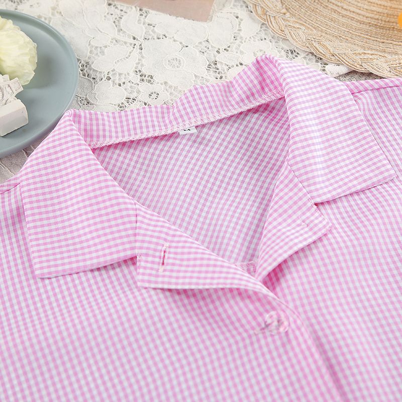 Pigiama da donna, cardigan a maniche lunghe con volant e plaid rosa, pantaloni con lacci, due pezzi, abbigliamento per la casa_voghion.com